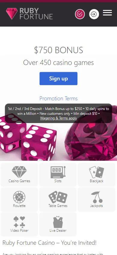 Ruby Fortune Casino mobile home interface