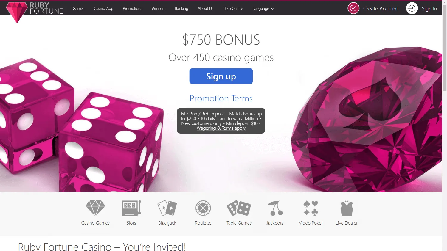 Ruby Fortune Casino desktop home interface